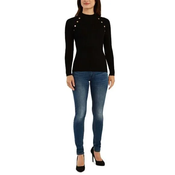 BCX Juniors XS Long Sleeve Ribbed Mock Neck Button Detail Sweater NWT - Picture 3 of 6